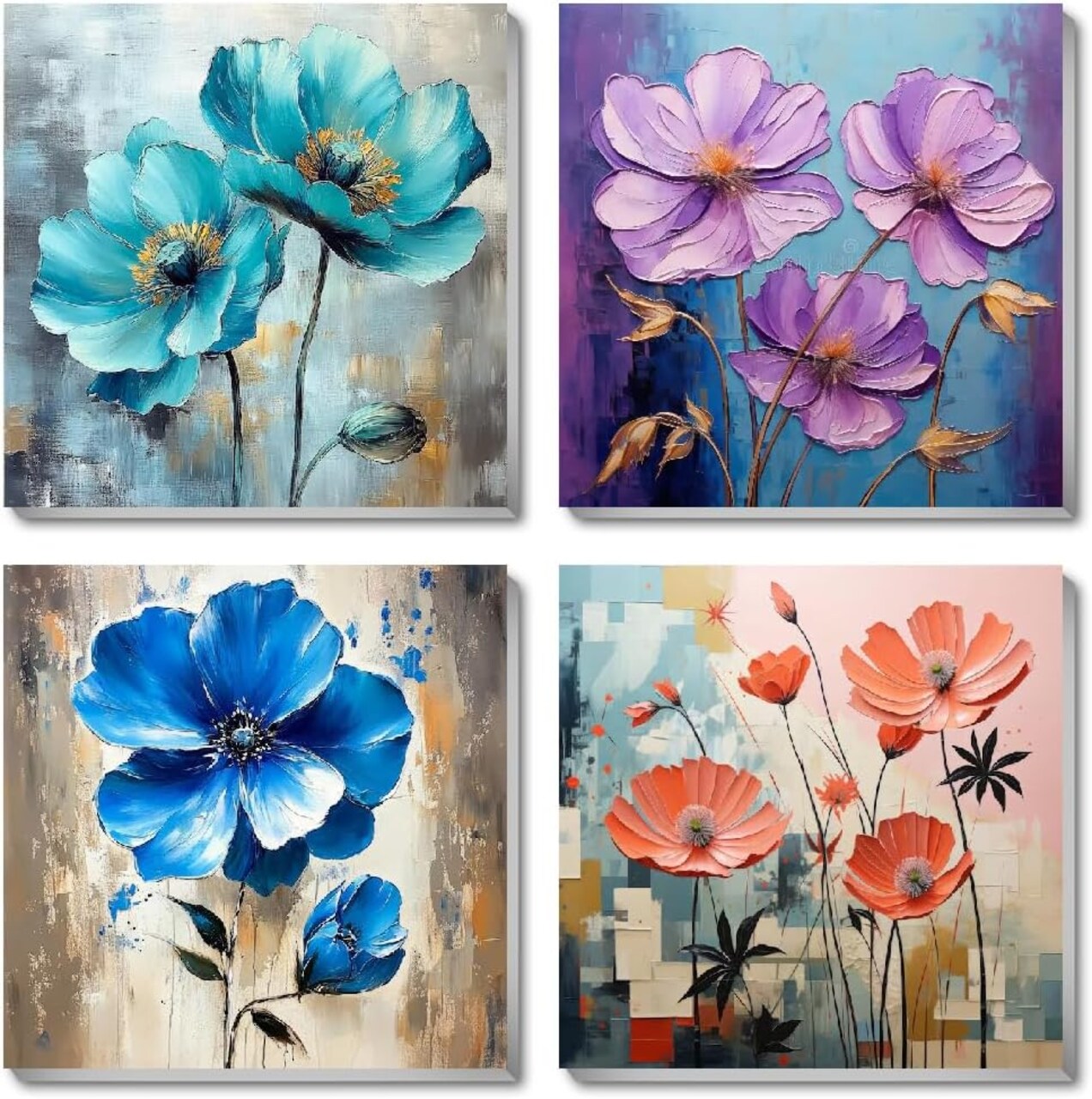 Paint By Numbers Flower Kit for Adults Beginners – 4 Pack Framed 8x8 Inch DIY Acrylic Paint by Numbers Canvas Set, Easy Floral Wall Art Painting Kit for Home Decor & Gift